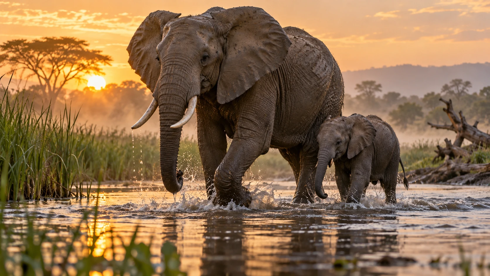 Elefantessa e cucciolo nel fiume, concept naturalistico generato con AI